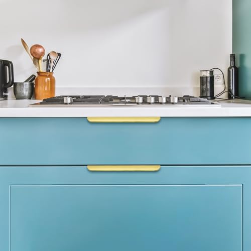 Image of Ravinte Hardware Gold Cabinet Handles Finger Edge Pulls 7.8 Inch CC 8 Pack | Low-Profile Finger Grip, Cabinet Door Edge Mount, Smooth Handle Shape, 5.9 Inch (150mm), For Drawers, Cupboards, Kitchen
