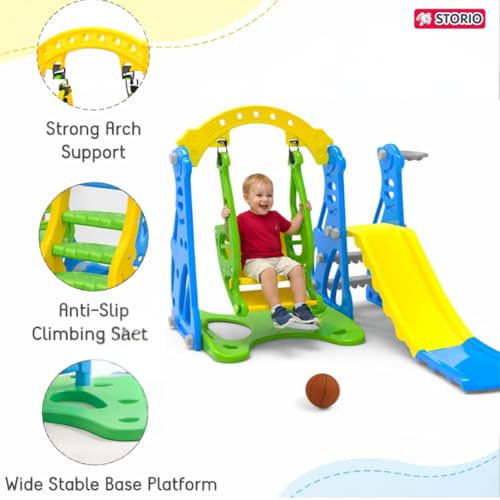 Image of Storio 3-in-1 Garden Slide & Swing with Basketball Hoop for Kids 2-5 Years | Indoor Outdoor Baby Slide Swing Combo | BPA-Free Plastic Playset for Boys & Girls | Easy Assembly - Blue Green & Yellow