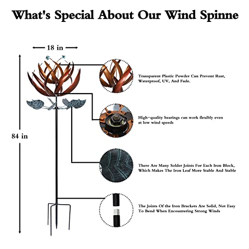 Kinetic Garden Wind Spinner, 24" Wide, 84" High Windmill - Decorative Wind Spinners For Home Outdoor Patio, Lawn & Garden Decoration (Copper Lotus) #TOP2