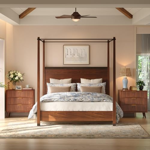 Image of Evermagin 31.5 inch W Larged Fluted Nightstand, Mid Century Modern 3 Drawer Night Stand, Small Wood Dresser for Bedroom, Wide Oversized Bedside Table, Walnut
