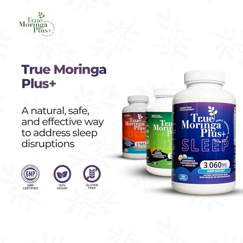 True Moringa Plus+ Sleep Support Supplement 10:1 Extract | 20,000mg of Organic Moringa, Chamomile, Passion Flower, Valerian Root, Hibiscus for Relaxation | Natural Sleep Aid for Adults (150 Capsules)