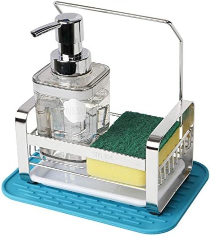 FANGSUN Kitchen Sink Caddy Organizer, Sponge Soap Holder, Countertop Sponge Rack with Drain Pan Tray and Silicone Mat, Not Include Soap Dispenser and Sponges (Blue)