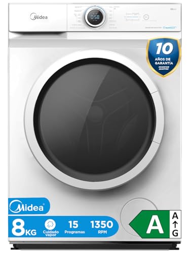 Midea Lavadora 8kg Carga Frontal 1950W, 1350 rpm con Motor Inverter   Lavadoras con 15 Programas y Tecnología Healthguard   Washing Machine Bajo Consumo, Lavado Rápido, Función Vapor y Modo Eco