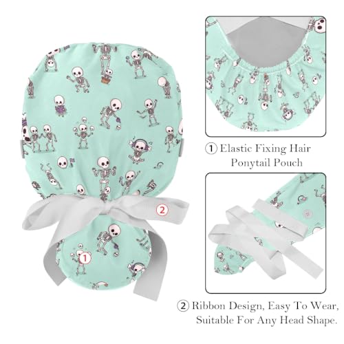 Image of 2 PCS Bouffant Cap with Button Ponytail Pouch Working Cap Sweatband Adjustable Surgical Cap Black and White Cow