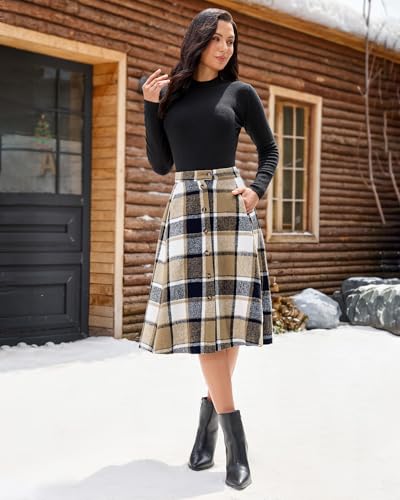 luvamia Plaid Skirts for Women Midi Length High Waisted Button Down A Line Fall Winter Elastic Waist Skirt with Pockets4