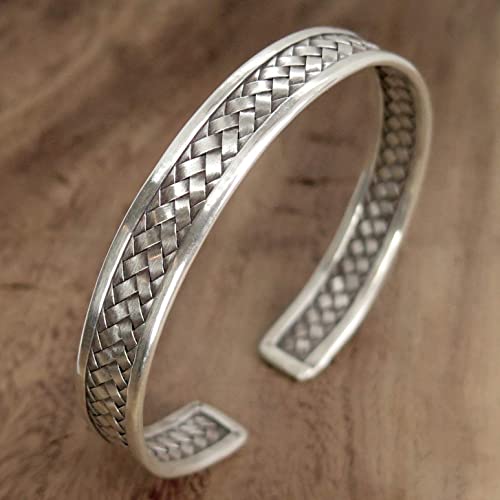 Braided Sterling Silver Handmade Cuff Bracelet Boho Ethnic Tribal Woven Silver Bangle for Women or Men4