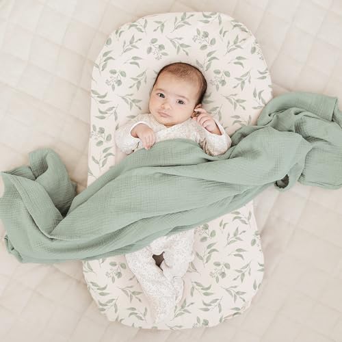 Image of Konssy 2 Pack Baby Lounger Cover, Stretchy Soft Infant Lounger Cover | For Baby Boys and Girls, Cover Set Only. Soft Breathable Fabric, Envelope Closure, Machine Washable, Green Leaves and Green