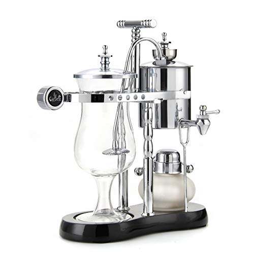 Image of Diguo Belgian /Belgium Luxury Royal Family Balance Siphon /Syphon Coffee Maker. Elegant Double Ridged Fulcrum with Tee handle (Classic Silver)
