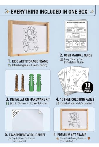 Image of Kids Art Display Frame - Wooden Slide-In Artwork Organizer & Storage | Open-Slot Design for Easy Swapping - Wall Mount Picture Frame for Kids Room & Classroom, Includes Bonus 10 Coloring Pages(1) - Open Design(Without Lid)