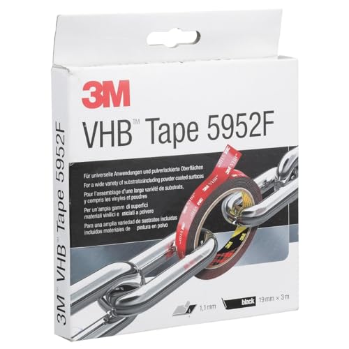 3M VHB Cinta Adhesiva 5952F - óptima adhesión a la mayoría de las pinturas en polvo, metales, vidrio, madera sellada, acrílico, policarbonato, ABS - 19 mm X 3 m, negro, espesor: 1.1mm (1 unidad)