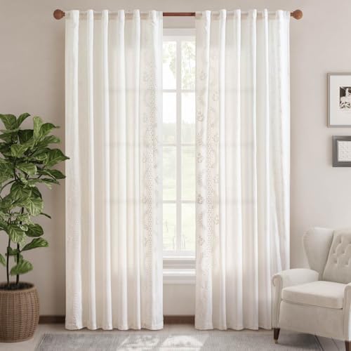 Image of jinchan Floral Linen Curtains 84 Inch Farmhouse Back Tab 2 Panels