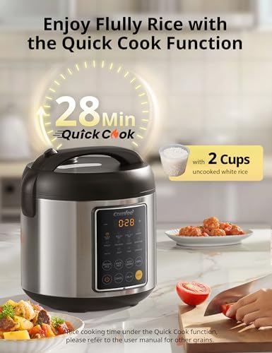 Product image showing the included accessories: a measuring cup, a spatula, and a steamer basket placed next to the inner pot.