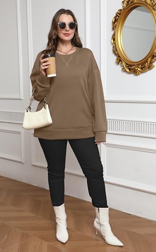 Saloogoe Sweatshirt for Women Trendy Fall Outfits 2024 Long Sleeve Shirts Oversized Tops Crewneck Lightweight Travel Clothes L Coffee