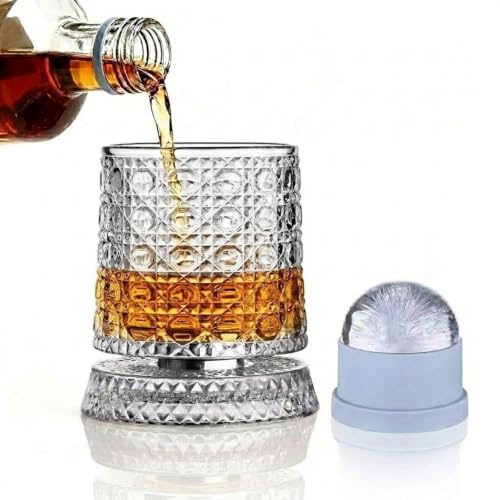 Rotating Whiskey Glass with Large Ice Ball Mold, Single Spinning Crystal Bourbon & Old Fashioned Tumbler, 360° Kinetic Glassware for Home Bar, Unique Gifts for Men, Dad by UNOD - Used condition - US$14.12