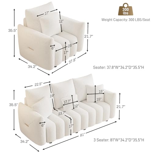 Image of OUYESSIR 2 Pieces Boucle Sofa for Living Room, Modern Deep Seat Sofa Chair & 3-Seater Couch, Oversized Cloud Sofa Couch Set, Comfy Upholstered Teddy Living Room Furniture, Beige White