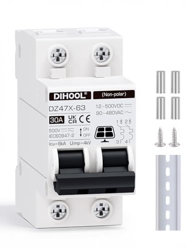 DIHOOL Solar Disconnect Switch, 30 Amp 2 Pole, DIN Rail Mount, Non Polarized, 12V 24V 48V 400V, AC/DC Circuit Breaker, RV Battery Isolator, PV Array MCB, Thermal Magnetic Trip