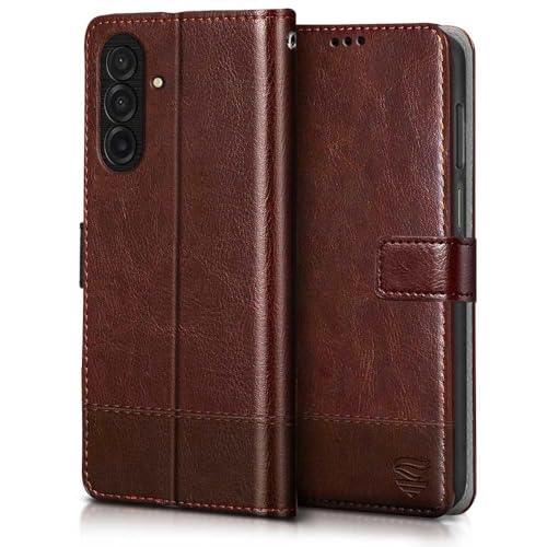 Image of FLIPPED Vegan Leather Flip Case Back Cover for Samsung Galaxy M17 5G | A17 5G | F17 5G (Flexible, Shock Proof | Hand Stitched Leather Finish | Card Pockets Wallet & Stand | Tan with Brown)