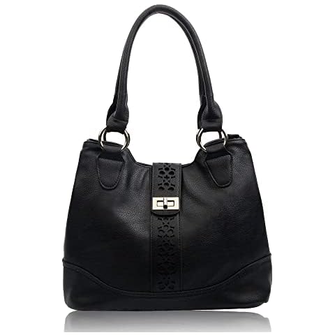 Women's Elegant Soft Faux Leather Doubel Compartment Fashion Handbag Tote Shopper Hobo Bag With Laser Cut Embelishement (Black) Cover