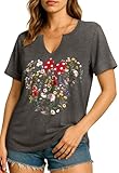 Flafens V Neck T-Shirts for Women - Graphic Short Sleeve Tees Tops Fashion Trendy Soft Casual Summer Outfits Clothes Red Bow Design, Small