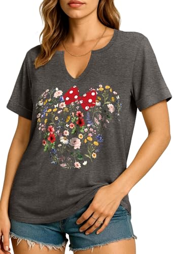 Flafens V Neck T-Shirts for Women - Graphic Short Sleeve Tees Tops Fashion Trendy Soft Casual Summer Outfits Clothes Red Bow Design, Small