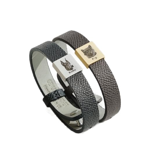 Personalized Pet Gift For Him, Custom Pet Portrait Mens Bracelet, Unique Man Jewelry Gift for Men, Dog Dad, Black Leather, FB-56