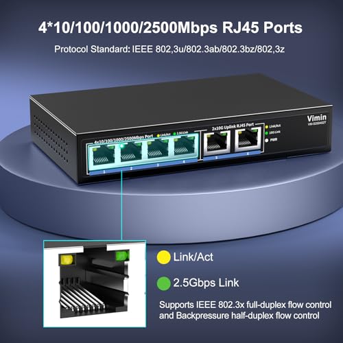 Image of 6-Port 10G /2.5G Ethernet Switch with Dual 10GBASE-T, Vimin 4X 2.5G +2 x 10Gb RJ45 Ports Unmanaged Switch, 60Gbps Capacity, 10G Switch Desktop /Wall Mount Network Switch for NAS, PC, Wireless AP