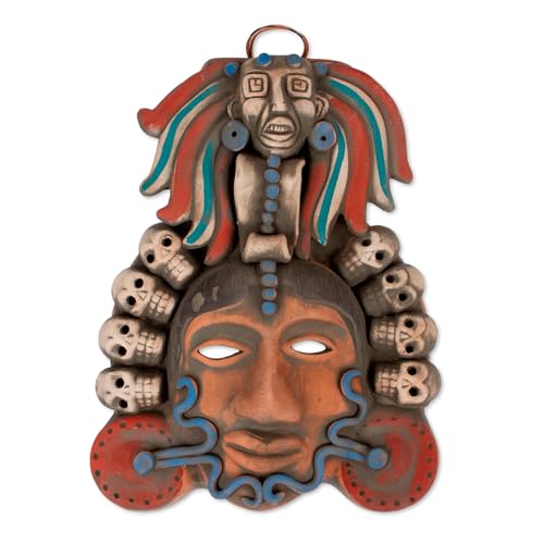 NOVICA Artisan Handmade Ceramic Mask Mexican Aztec with Skulls Earthtone Mexico Masks Archaeological Cultural [13in H x 10in W x 2.8in D] ' Honoring Death'