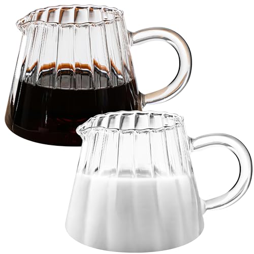 Loscarol 2 Pcs Small Glass Pitcher - Elegant Wave Shaped Creamer Pitcher for Coffee, Milk, Tea, 6 oz Milk Frothing Cup Creamer Jug for Kitchen