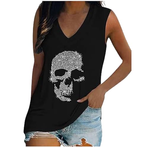 Camisetas de Tirantes Mujer con Estampado Calavera Lentejuelas Camiseta sin Mangas con Cuello en V Ligero y Elástico Camiseta de Tirantes Verano Tops Mujer Transpirables y Cómodos (Black, XXL)