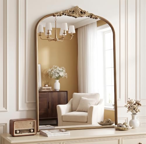 Rigidemand Antique Gold Arched Mirror, Vintage Golden Arch Mirror, Ornate Brass Mirrors for Bathroom, Vanity, Living Room, Bedroom, Hallway, Fireplace, Mantel, Gold, 30×40 Inch by Rigidemand - Used condition - US$147.19