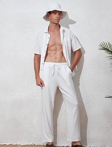 EISHOPEER Men's Linen Sets 3 Pieces Casual Button Down Cotton Linen Shirt and Long Pants Set Beach Outfits with Hats S-3XL3
