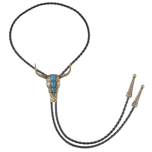 Image of GelConnie Longhorn Bull Bolo Tie for Men Native American Western Cowboy Leather Necktie Bolo Necklace for Women Gold Texas
