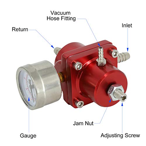 0-140 Psi Aluminum Fuel Pressure Regulator Kit, Universal Adjustable Gas Oil Injection Pressure Regulator With Gauge, 6An Fuel Line Hoses, Install Tool Accessories (Red) #TOP3