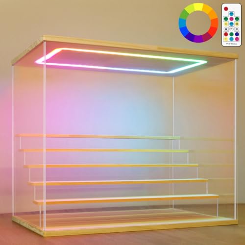 NONEMEY Vitrine pour Collection en Acrylique Transparente avec Éclairage LED RVB Télécommandé – Présentoir Anti-Poussière 2/3/4/5/6 Niveaux pour Figurines et Lego (Bois, 6Tier-49x30x40cm)