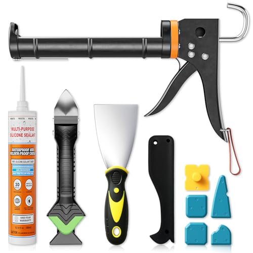 Professional Caulk Gun Kit with Caulk Remover & Silicone Sealant - 5 in 1 Caulking Tool Set for Caulking Removal Includes Caulking Gun Tool Silicone Scraper