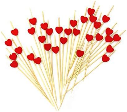 Palillos de dientes con volantes de 4.7 pulgadas, palillos de cóctel de bambú, 100 unidades (corazón rojo)