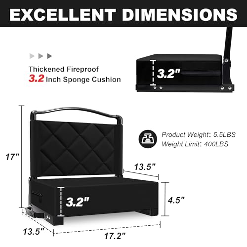 Kaganoon Stadium Seats with Back Support Cushion, Folding Stadium Seats for Bleachers Hold up 400lbs, Wide Bleacher Seat with Shoulder Strap & Handle Comfort for Sports Events (Black, 1pcs) - Thumbnail 3