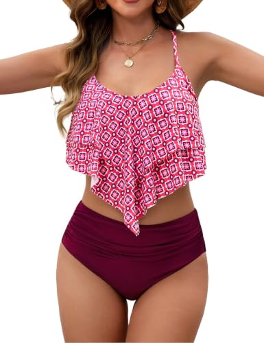 Image of Edelqual Bikini Sets for Women High Waisted Tummy Control Bathing Suit | 2 Piece Swimsuit,Double-layer Ruffled Top,Adjustable Spaghetti Straps,Crisscross Tie Back,Quick-Dry,Color Print,Beach & Pool