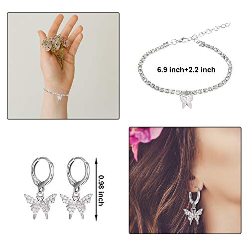 Hicarer Big Butterfly Pendant Necklace Rhinestone Chain Shiny Crystal Choker Pendant Collar Necklace and Butterfly Bracelet Earrings Jewelry for Women3