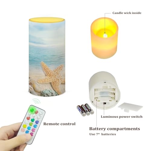 Image of Flameless Candle Electric LED Lights with Dancing Flame, with Timer Remote 12 Color Lights, 3 AAA Batteries Operated (Not Include), for Beach Indoor Home Decor, Coastal Starfish Blue Sea