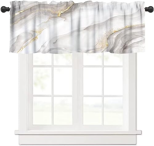 Image of White Grey Marble Window Valance Curtain, Abstract Modern Luxury Ink Texture Gold Veins Window Valances Treatments for Kitchen Living Room Cafe Decor 54'x18', 1 Panel