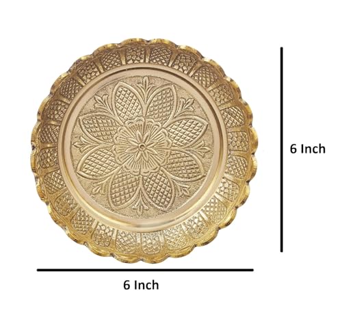 Image of Mkd2 Rise Brass Puja Round Thali /Bhog Thali /Puja Plate for Worship, Flower-Engraved Design (Brass, Gold Colour, 6 Inches)