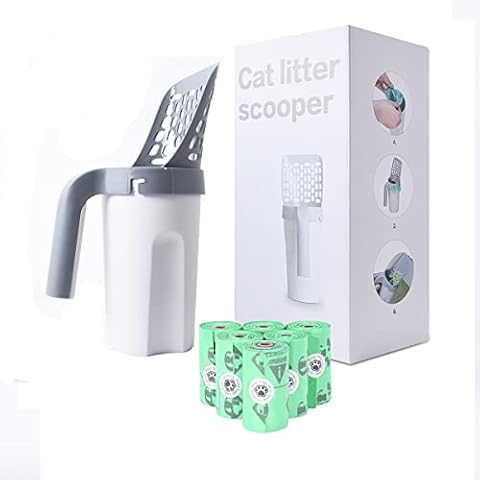 Cat Litter Scoop Kitty Litter Scooper Cat Poop Scooper with Holder 2-in-1 Large Capacity Portable Integrated Cat Litter Scooper and Trash can with 60 Count Refill Bags Cover