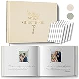 Wedding Guest Book with 216 Photo Corners Stickers, Linen Guestbook to Sign at Bridal Shower or Wedding Reception Party,100 Pages, Blank Thick Paper Books for Baby Shower Memorial Service- Beige