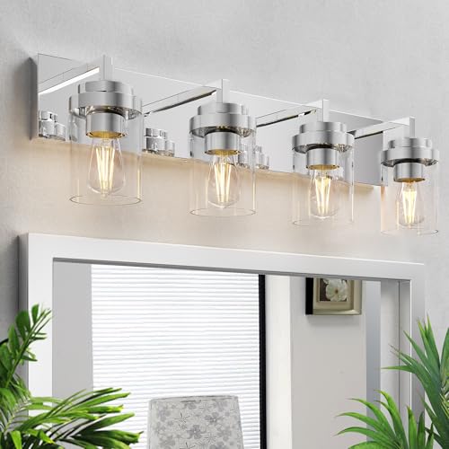 Image of Chrome Light Fixtures, 4 Light Bathroom Vanity Light with Clear Glass Shade, 30 in Modern Vanity Light, Bathroom Lighting Fixtures Over Mirror for Living Room