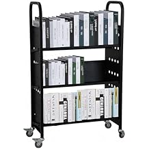 Book Cart, 200LBS Library Cart, 30x14x49 V-Shaped Rolling Book Cart with 4 Inch Lockable Wheels for Libraries, Offices, Home Shelves, and Schools, Black