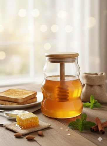 Image of SUANI Air Tight Honey Glass Jar with Wooden Dipper and Bamboo Lid | Transparent Borosilicate Honey Jar | Odor Free Honey Jar, (500ml) (Pack Of 2)