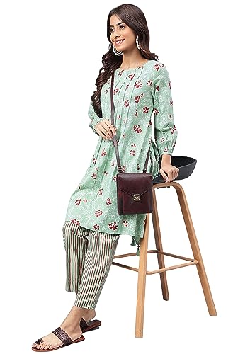 Image of Janasya Women's Green Cotton Floral Printed Kurta with Pant