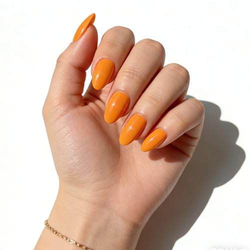 Orange Press on Nails Medium, False Acrylic Nails Press Ons,Jelly Fake Nails,Natural Petite Glue on Nails,Stick on Nails for Women Girls in 30 PCS