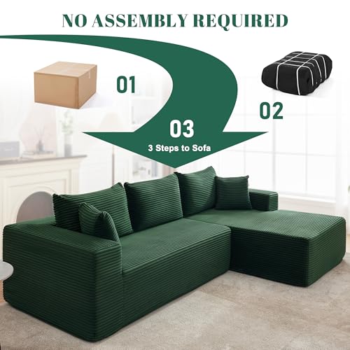 110” Cloud Sectional Couch, Boneless Sofa for Living Room, Modular Sectional Sofa with Deep Seat, Comfy Fluffy Couch with L-Shaped Chaise, No Assembly Required (Right-Facing Chaise, Green)